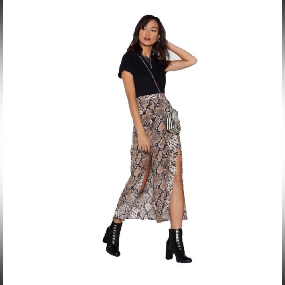 Nasty Gal Snake Print Midi Skirt - Brown and Black, double slit, high waist